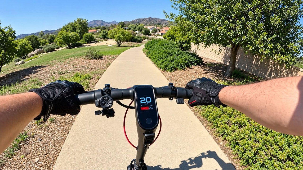 A rider’s view from a Segway MAX G3 Plus electric scooter on a paved neighborhood path.