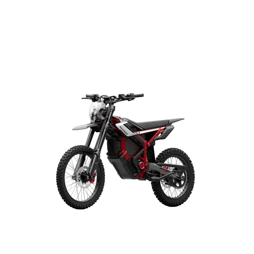 Segway Xaber 300 electric dirt bike in Shred Velvet red, left front view