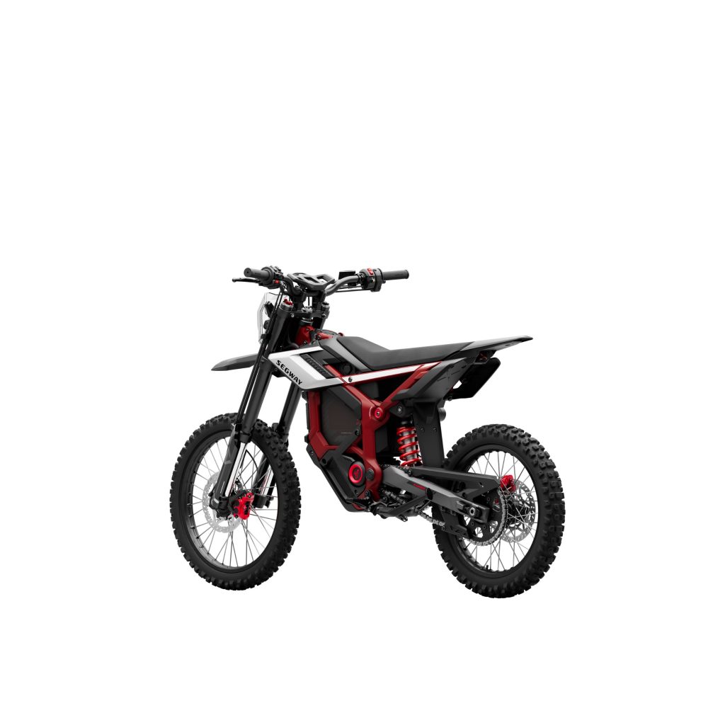 Segway Xaber 300 electric dirt bike in Shred Velvet red, left rear view
