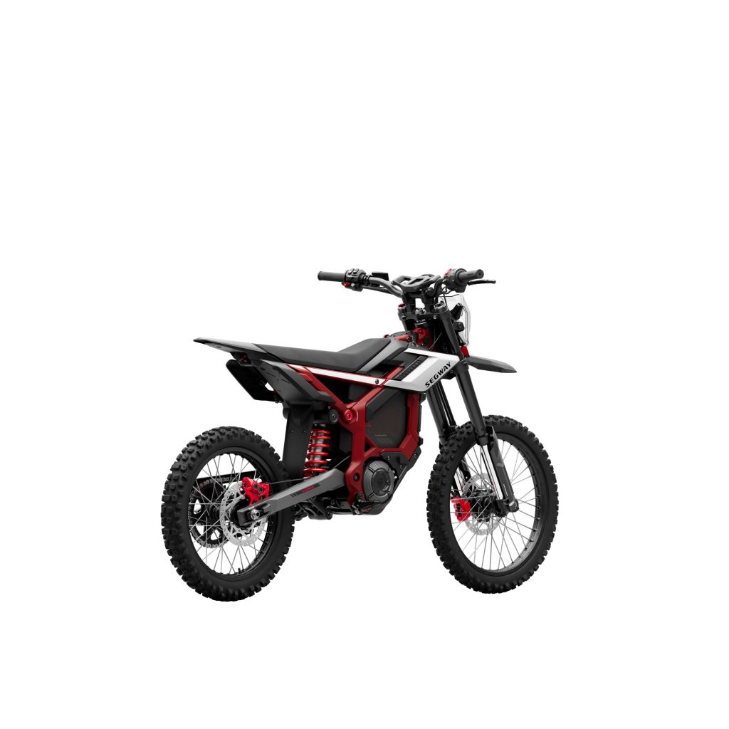Segway Xaber 300 electric dirt bike in Shred Velvet red, right rear view