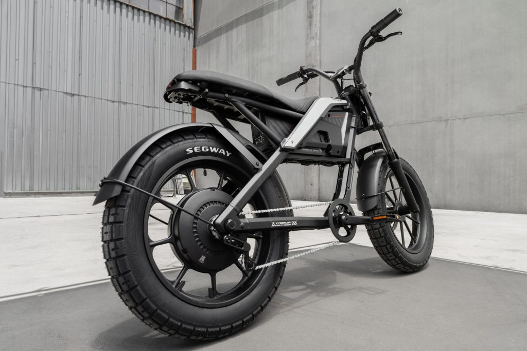 Segway Xyber Air eBike in silver, rear three-quarter view